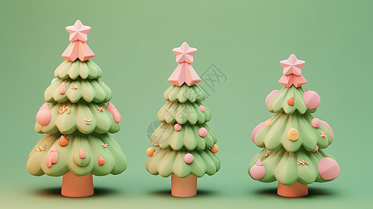 3D圣诞三棵立体可爱的卡通圣诞树插画
