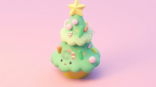 圣诞风杯子蛋糕圣诞节立体可爱的卡通圣诞树在粉色背景上插画
