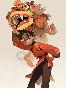 春节舞狮的可爱卡通男孩图片