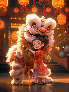 穿着喜庆开心舞狮的卡通小女孩背景图片