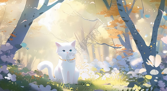 在森林中草地上一只卡通小白猫图片
