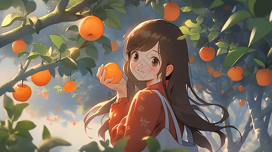 在树下拿着橘子的小清新长发卡通女孩背景图片