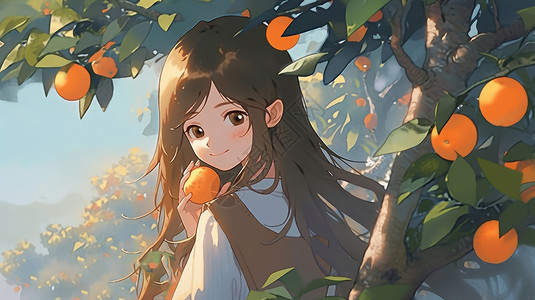 秋天在果树旁拿着橘子微笑的可爱卡通小女孩背景图片