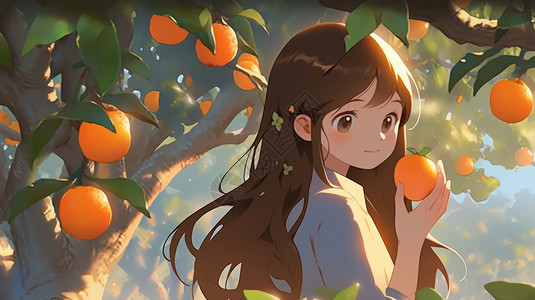 秋天在树下摘桔子的可爱长发卡通小女孩高清图片