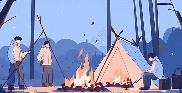 冬天夜晚在森林中露营的卡通人物背景图片