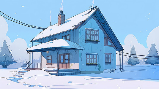 大雪中温馨的卡通小木屋背景图片