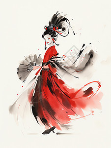 美女舞者手拿扇子穿红色长袍跳舞的古风水墨人物插画