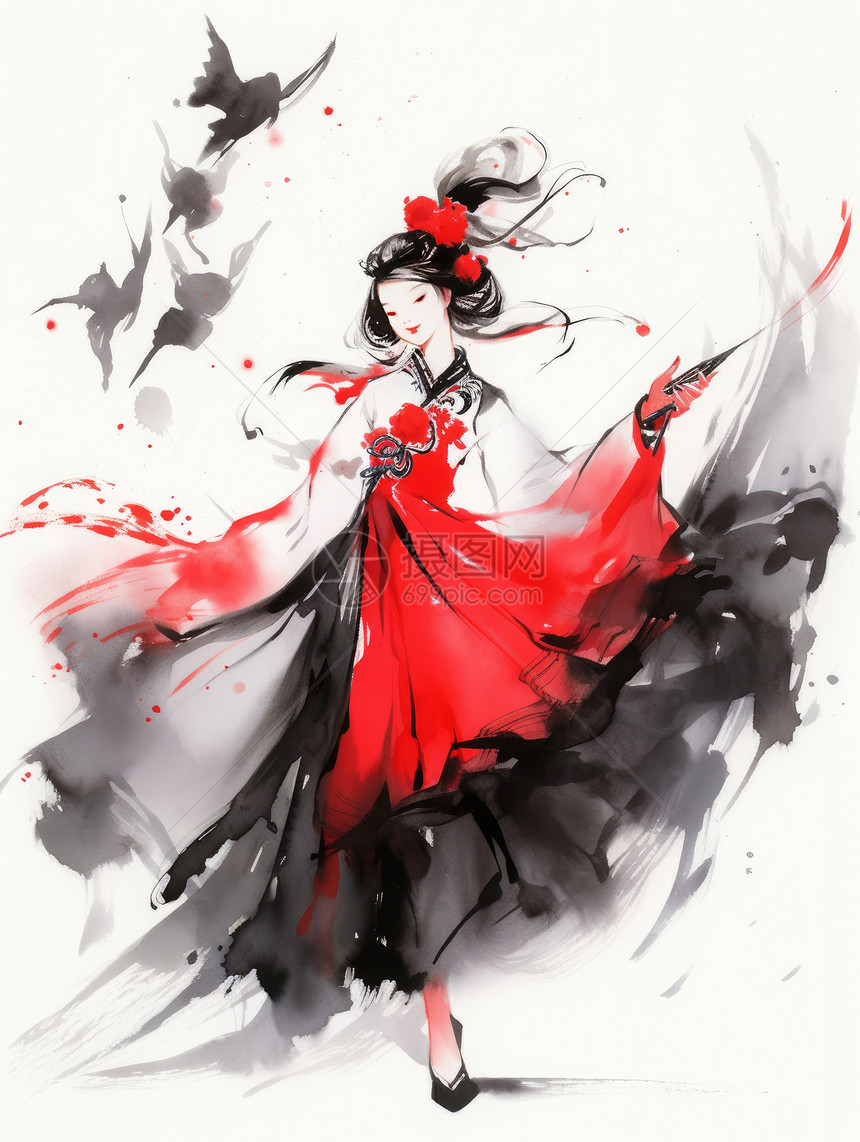 水墨风古风美女身穿红色古装在跳舞图片