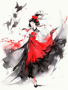 水墨风古风美女身穿红色古装在跳舞背景图片