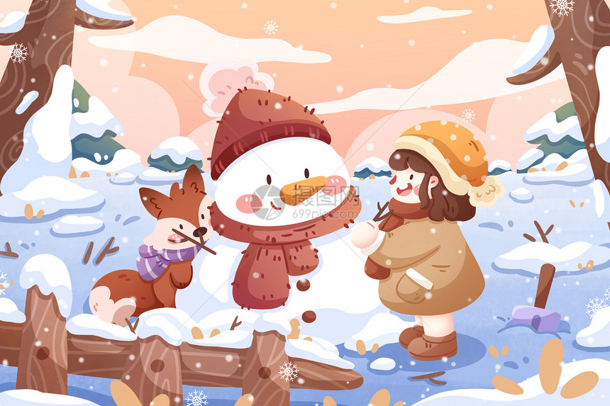 清新冬季堆雪人卡通插画图片