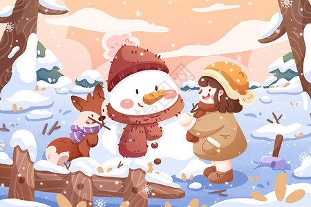 下雪背景海报清新冬季堆雪人卡通插画插画