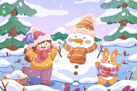 冬天堆雪人素材手绘冬天女孩堆雪人卡通插画插画