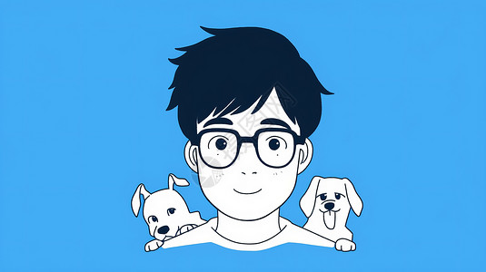 趴着的小狗肩膀趴着两只可爱的卡通小狗的男青年头像插画