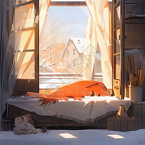 窗户打开冬天温馨的卡通小木屋打开窗户插画