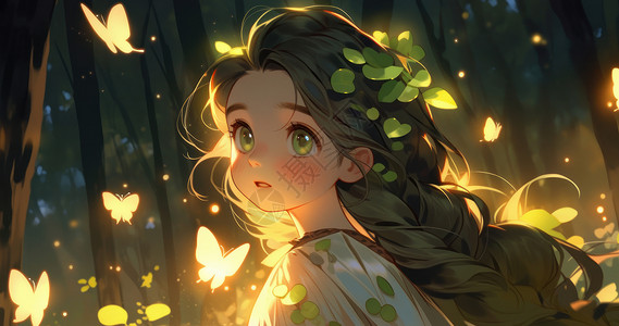 森林中看着发光蝴蝶的卡通女孩背景图片