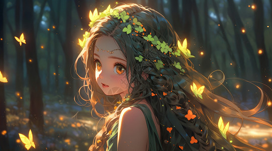 头戴绿色花环在森林中的卡通女孩高清图片