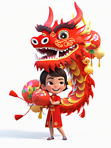 穿着喜庆抱着红色灯笼舞龙的可爱卡通小女孩背景图片