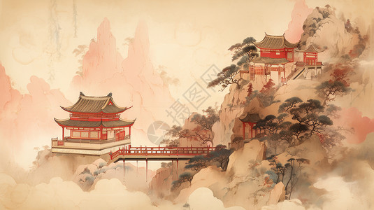 风山水画水墨风古建筑山水风景插画