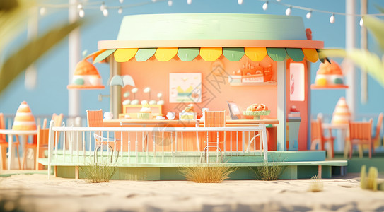 一座可爱的卡通商店在沙滩上背景图片