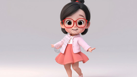戴着红框眼镜开心跳舞的可爱卡通小女孩背景图片