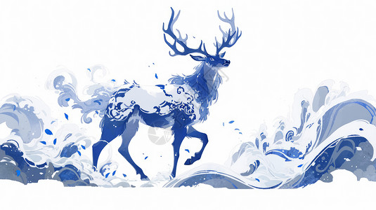 中国风长素材长着一对鹿角的卡通神鹿蓝色调插画