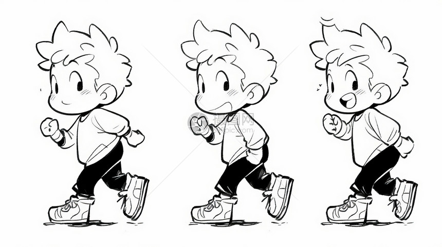 奔跑的可爱的卡通小男孩三个动作图片