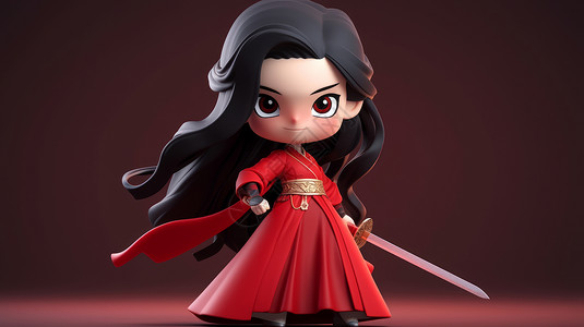穿喜庆的红色服装手拿宝剑的立体卡通人物背景图片