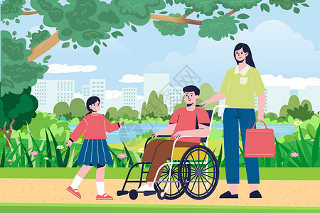 推童车世界残疾人日公园推轮椅插画