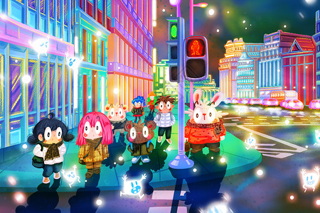 红绿灯夜景二十四节气立冬城市下雪过马路插画