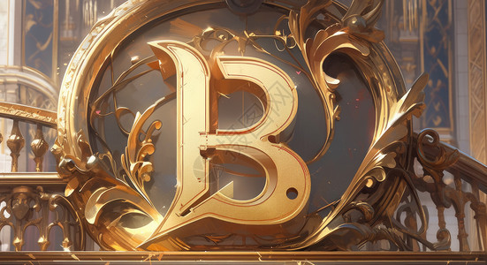 比特币金色背景豪华欧式复古装饰雕塑花纹的字母B卡通雕塑插画