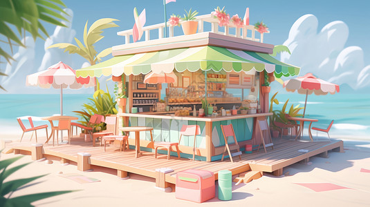 在海边沙滩上的可爱卡通饮品店高清图片