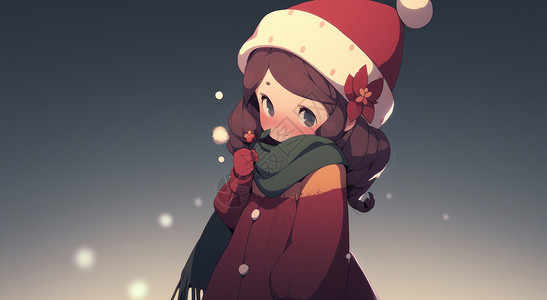 戴着红色圣诞帽的可爱卡通小女孩背景图片