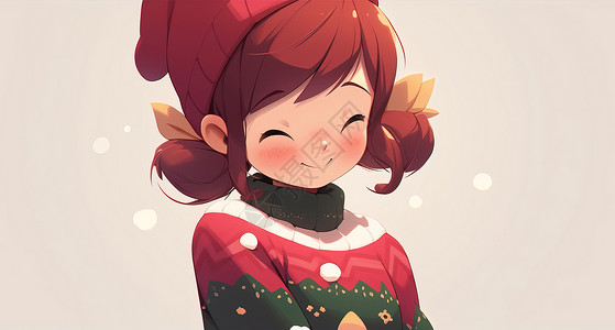穿着喜庆的圣诞毛衣开心笑的卡通小女孩，背景图片
