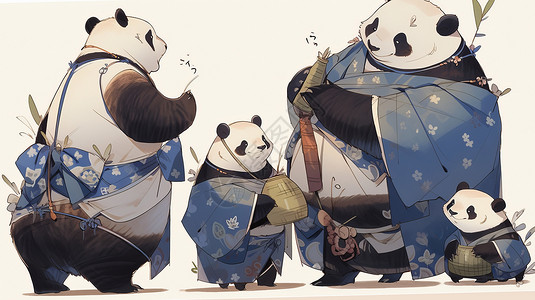 站在一起的卡通熊猫一家图片