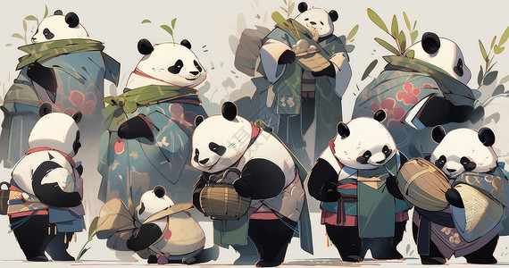 多只可爱的卡通熊猫在一起忙碌背景图片