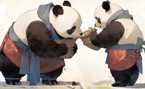 两只在干活的可爱卡通熊猫背景图片