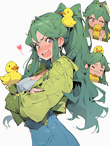绿色长发可爱的卡通女孩与他的玩具小鸭子高清图片