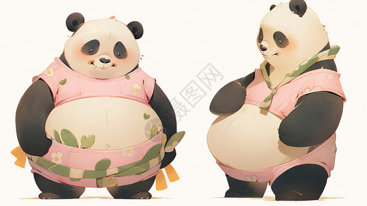 拟人化的两只穿粉色衣服肥胖可爱的卡通熊猫插画