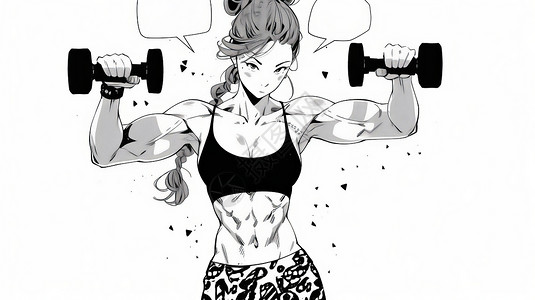 拿着哑铃锻炼身体的卡通肌肉女孩图片