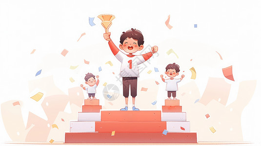 举着条幅的男孩简笔画举着奖杯站在领奖台上的卡通男孩们插画