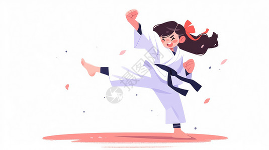 跆拳道女孩可爱的卡通女孩在练跆拳道插画