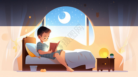男孩卧室夜晚坐在床边悠闲看书的可爱卡通小男孩插画