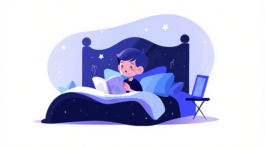 坐在床上伸懒腰蓝色调晚上坐在床上看书的扁平风卡通小男孩插画