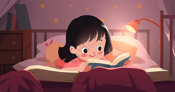 卧室床上夜晚趴在床上看书的可爱卡通小女孩插画