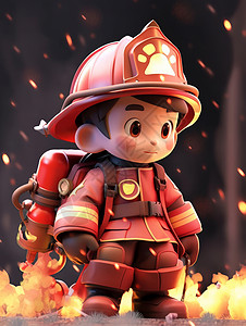 3D模拟可爱的卡通消防员站在模拟火海中插画