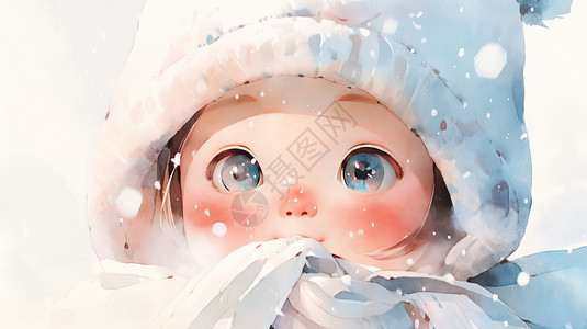 婴儿特写冬天大雪中大眼睛漂亮的卡通女孩面部特写插画