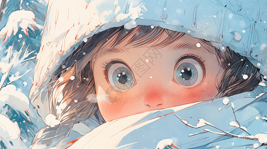 戴着后毛线帽在大雪中的可爱卡通小女孩面部特写高清图片