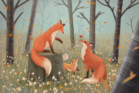 动物妈妈狐狸爸爸送给狐狸妈妈玫瑰花插画