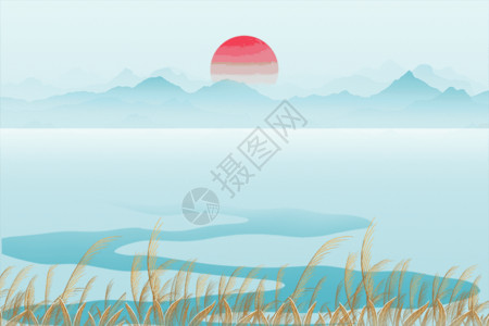沼泽草地立冬蓝色创意唯美红日芦苇GIF高清图片
