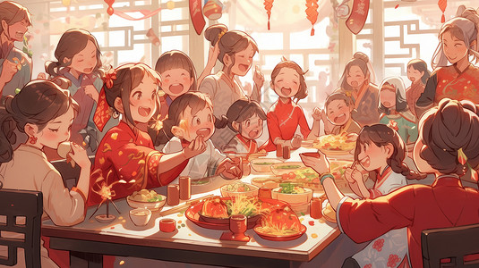 春节传统习俗正月开心吃团圆饭的卡通家族人们插画